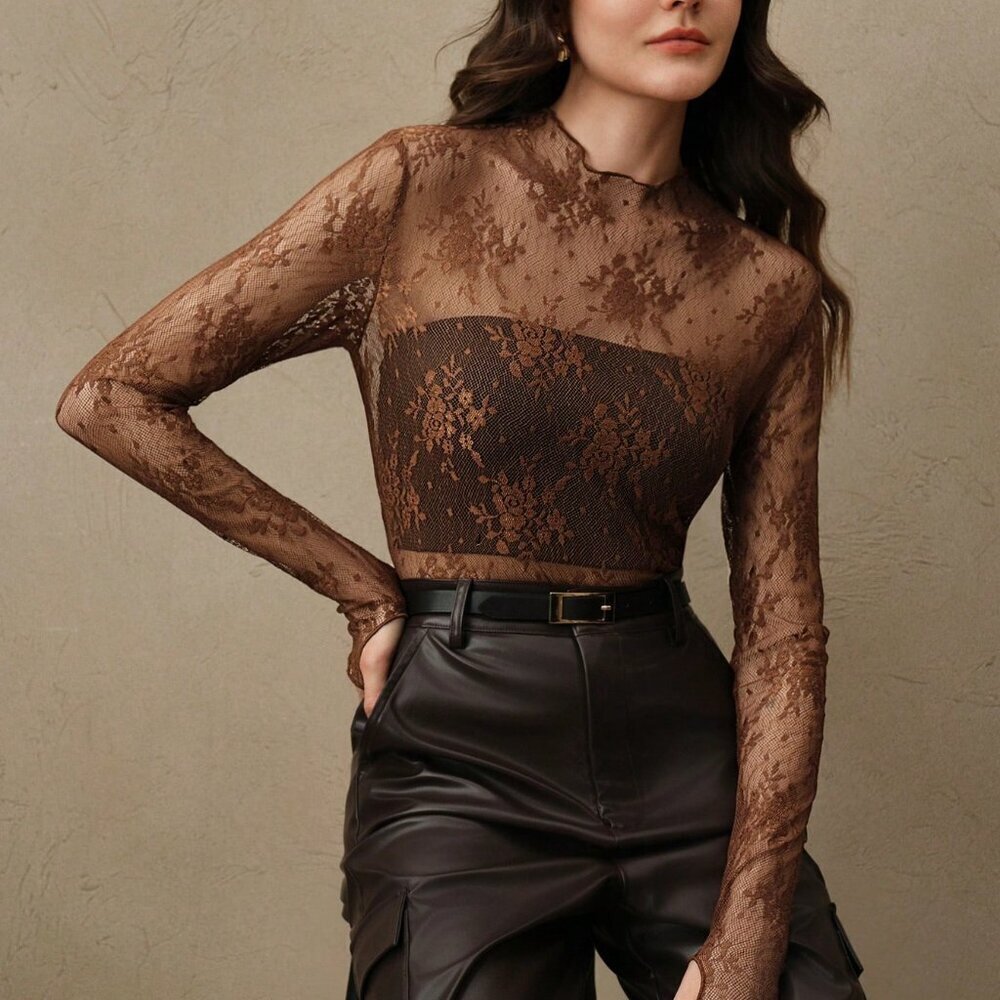 Chocolate Brown Elegant Women's Sexy Lace Blouse